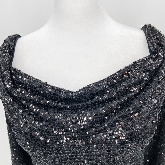 Rene Ruiz Dress Sz 12 Black Sequin Gown Formal Off The Shoulder Metallic Evening - Picture 5 of 13